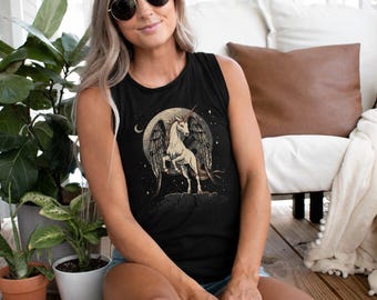 Unicorn Shirt for women, Album art trendy celestial moon Unicorn, Crystal, gift for her Women's Flowy Scoop Muscle Tank