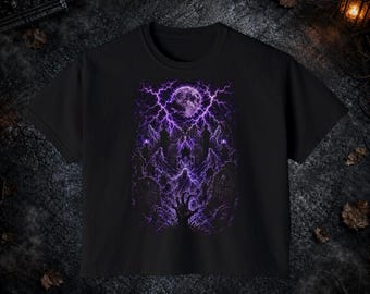 Purple Ghost Graveyard Shirt, Purple Moon Horror, Dark Fantasy Halloween Style, Spooky Night Comfort Colors Boxy Tee T-shirt and Tote Bag
