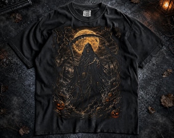 Grim Reaper Pumpkin Forest Shirt, Gothic Halloween, Moonlit Scythe Horror, Dark Fantasy Graphic Top  COMFORT Colors Unisex Tee T-shirt