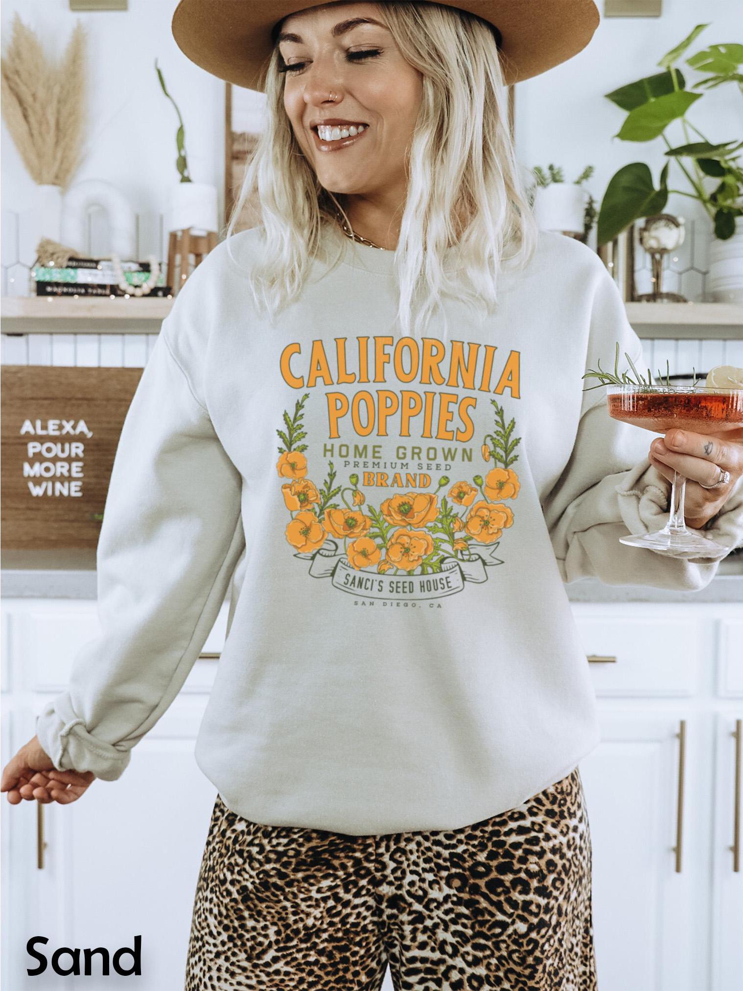 California Poppies, California State Flower Shirt, Retro Floral Shirt for Women Flower Shirt Unisex Crewneck Sweatshirt