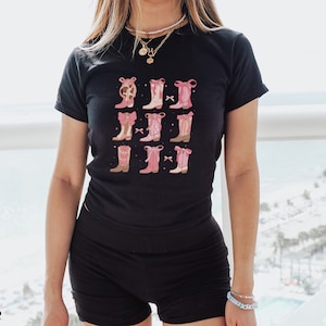 Coquette Cowboy boot Collage, Pink Cowboy Boots, Cowgirl, y2k baby tee, baby girl, y2k clothing, y2k tee t-shirt crop top