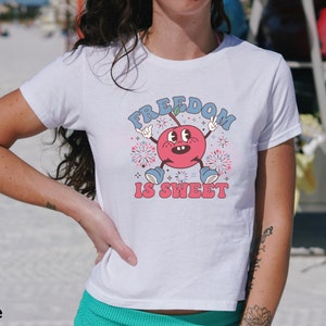4th of July, Trendy Freedom Is Sweet Cherry y2k baby tee, baby girl, y2k clothing, y2k tee t-shirt crop top