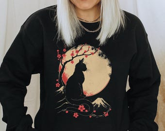Japanese Cat Moon Art Shirt, Gift for Her, Cute Shirt Gift for Women, Japanese Art Shirt Cat Lover Unisex Crewneck Sweatshirt