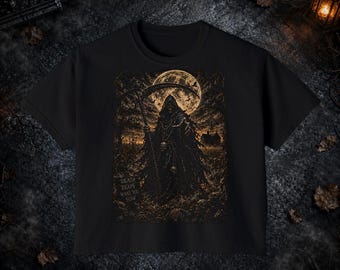 Grim Reaper Cornfield Shirt, Occult Horror, Vintage Death Aesthetic, Haunted Forest Apparel Comfort Colors Boxy Tee T-shirt and Tote Bag