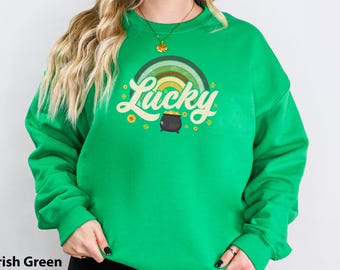 Sweat-shirt ras du cou unisexe tendance arc-en-ciel chanceux pour la Saint-Patrick pour femmes