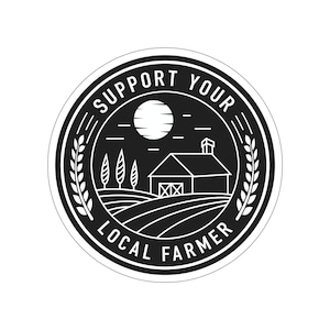 Puede incluir: Ilustración en blanco y negro de una escena de granja con un granero, tallos de trigo y el texto "Apoya a tu granjero local".