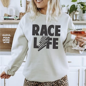 Race Life Racing Shirt, Track Shirt Gift for Wife Racetrack Shirt Race Day Lightning Bolt Shirt Unisex Crewneck Sweatshirt