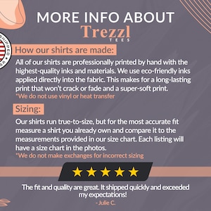 K&ouml;nnte beinhalten: Eine Grafik mit dem Text "Mehr Infos &uuml;ber Trezzl Tees" und Informationen dar&uuml;ber, wie die Shirts hergestellt werden. Der Text besagt, dass die Shirts professionell von Hand mit hochwertigen Farben und Materialien bedruckt werden. Der Text besagt auch, dass die Shirts umweltfreundlich sind und einen superweichen Druck haben. Die Grafik enth&auml;lt auch eine Gr&ouml;&szlig;entabelle und eine Kundenbewertung.