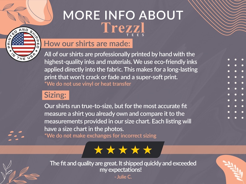 K&ouml;nnte beinhalten: Eine Grafik mit dem Text "Mehr Infos &uuml;ber Trezzl Tees" und Informationen dar&uuml;ber, wie die Shirts hergestellt werden. Der Text besagt, dass die Shirts professionell von Hand mit hochwertigen Farben und Materialien bedruckt werden. Der Text besagt auch, dass die Shirts umweltfreundlich sind und einen superweichen Druck haben. Die Grafik enth&auml;lt auch eine Gr&ouml;&szlig;entabelle und eine Kundenbewertung.
