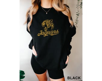 Camiseta de mascota de los Jaguars, camiseta de softbol, béisbol y fútbol para mujer, sudadera unisex con cuello redondo y estampado retro de mascota.