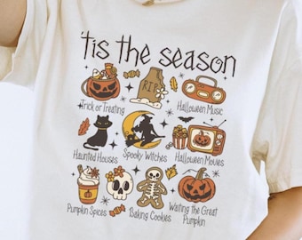 Tis The Season Halloween, Pumpkin Witch Shirt, Skeleton Pumpkin Ghost, Cozy Autumn Spooky Shirt  COMFORT Colors Unisex Tee T-shirt