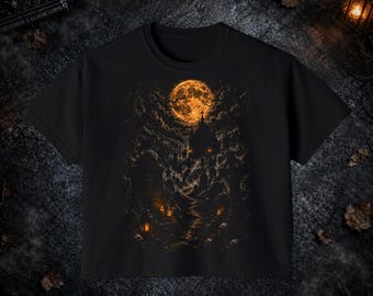 Moonlit Gothic Graveyard Shirt, Dark Fantasy, Moonlit Haunted Manor, Vintage Spooky Comfort Colors Boxy Tee T-shirt and Tote Bag