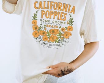 Amapolas de California, camisa con flores del estado de California, camisa floral retro para mujer, camisa de flores, camiseta unisex de colores cómodos.