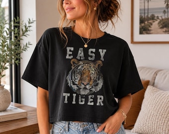 Ladies Easy Tiger, boho trendy tiger ,graphic boutique ready, vingtage style tote bags, Comfort Colors Boxy Tee T-shirt and Tote Bag