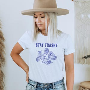 Stay Trashy Shirt, Retro y2k, Funny Racoon shirt, Silly Tee, Street Cats, Trash Panda Meme, Unisex Jersey Short Sleeve Tee T-shirt