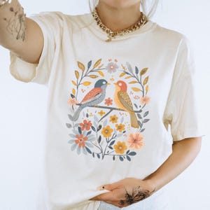 Scandinavian Folk Art Birds Shirt, Cottagecore Nordic Birds and Flowers, Women Flower Shirt Gift COMFORT Colors Unisex Tee T-shirt