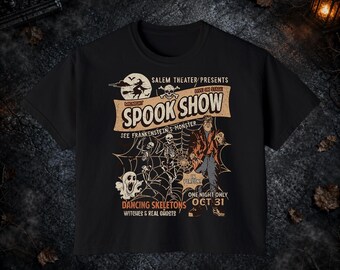 Spook Show Shirt, Halloween Horror Shirt, Frankenstein Skeleton Witch Ghost, Midnight Spooky Comfort Colors Boxy Tee T-shirt and Tote Bag