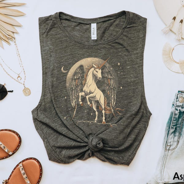 Unicorn Shirt for women, Album art trendy celestial moon Unicorn, Crystal, gift for her Women's Flowy Scoop Muscle Tank