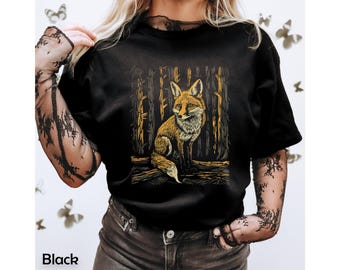 Koszulka CottageCore Fox Forest, linoryt, forestcore, nadruk blokowy w stylu boho, prezent, śliczna koszulka dla kobiet, kolor COMFORT, unisex