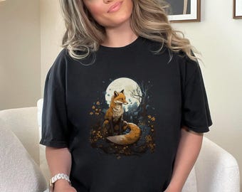 Shirt schattige bloem vos op een maan, cadeau voor haar, Fairycore-shirt, vintage bloemen Cottagecore COMFORT kleuren T-shirt uniseks