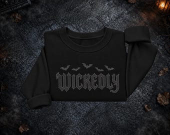 Wickedly Embroidery Shirt, Bat Spooky Season, Vintage Goth Fall Style, Halloween Shirt, Witchy Goth Unisex Crewneck Sweatshirt