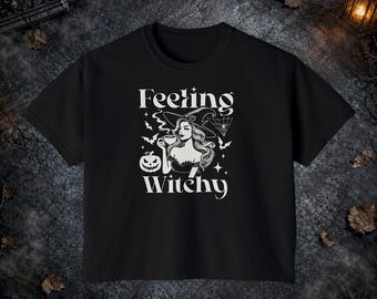 Feeling Witchy Shirt, Halloween Spooky Witch Retro, Dark Academia Magical Pumpkin Bats Comfort Colors Boxy Tee T-shirt and Tote Bag