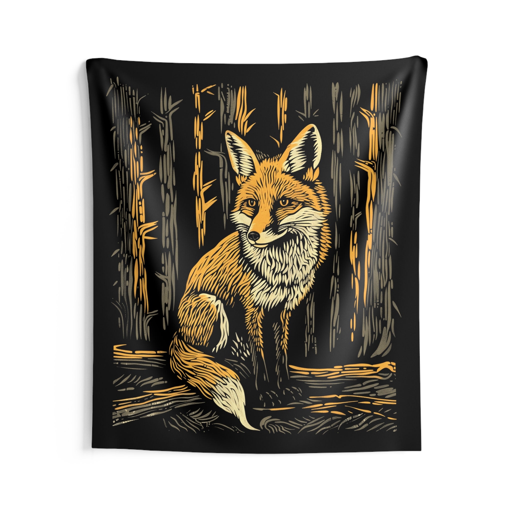 Cute Fox in the forest Linocut drawing wall tapestry wall hanging Indoor Wall Tapestries