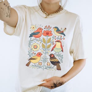 Scandinavian Folk Art Birds Shirt, Cottagecore Nordic Birds and Flowers Shirt, Women Flower Shirt Gift COMFORT Colors Unisex Tee T-shirt