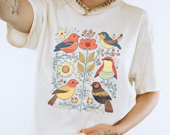 Scandinavian Folk Art Birds Shirt, Cottagecore Nordic Birds and Flowers Shirt, Women Flower Shirt Gift COMFORT Colors Unisex Tee T-shirt