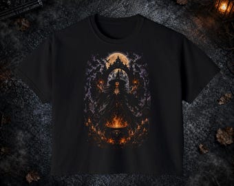 Witch Cauldron Ritual Shirt, Moon Priest Raven Art, Black Metal Style Mystical Horror Apparel Comfort Colors Boxy Tee T-shirt and Tote Bag