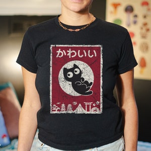 Cute Anime Kawaii Black Cat Japanese Graphic Tee Gift for Her Trendy Short Crop Top y2k baby tee, baby girl, y2k clothing, y2k tee t-shirt