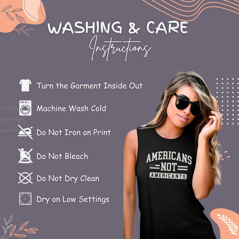 The image is a collage of various images, including a woman wearing a black sleeveless shirt with a message, and instructions for washing and caring for the shirt.