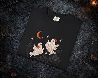 Ghosts with Black Roses embroidery shirt, Halloween Spooky Season, Autumn Moon Floral, Cozy Witchy Style COMFORT Colors Unisex Tee T-shirt