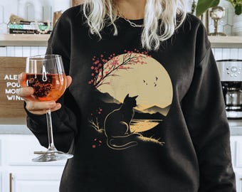 Japanese Cat Moon Art Shirt, Gift for Her, Cute Shirt Gift for Women, Japanese Art Shirt Cat Lover Unisex Crewneck Sweatshirt