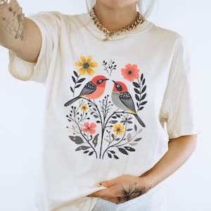 Scandinavian Folk Art Birds Shirt, Cottagecore Nordic Birds and Flowers, Women Flower Shirt Gift COMFORT Colors Unisex Tee T-shirt