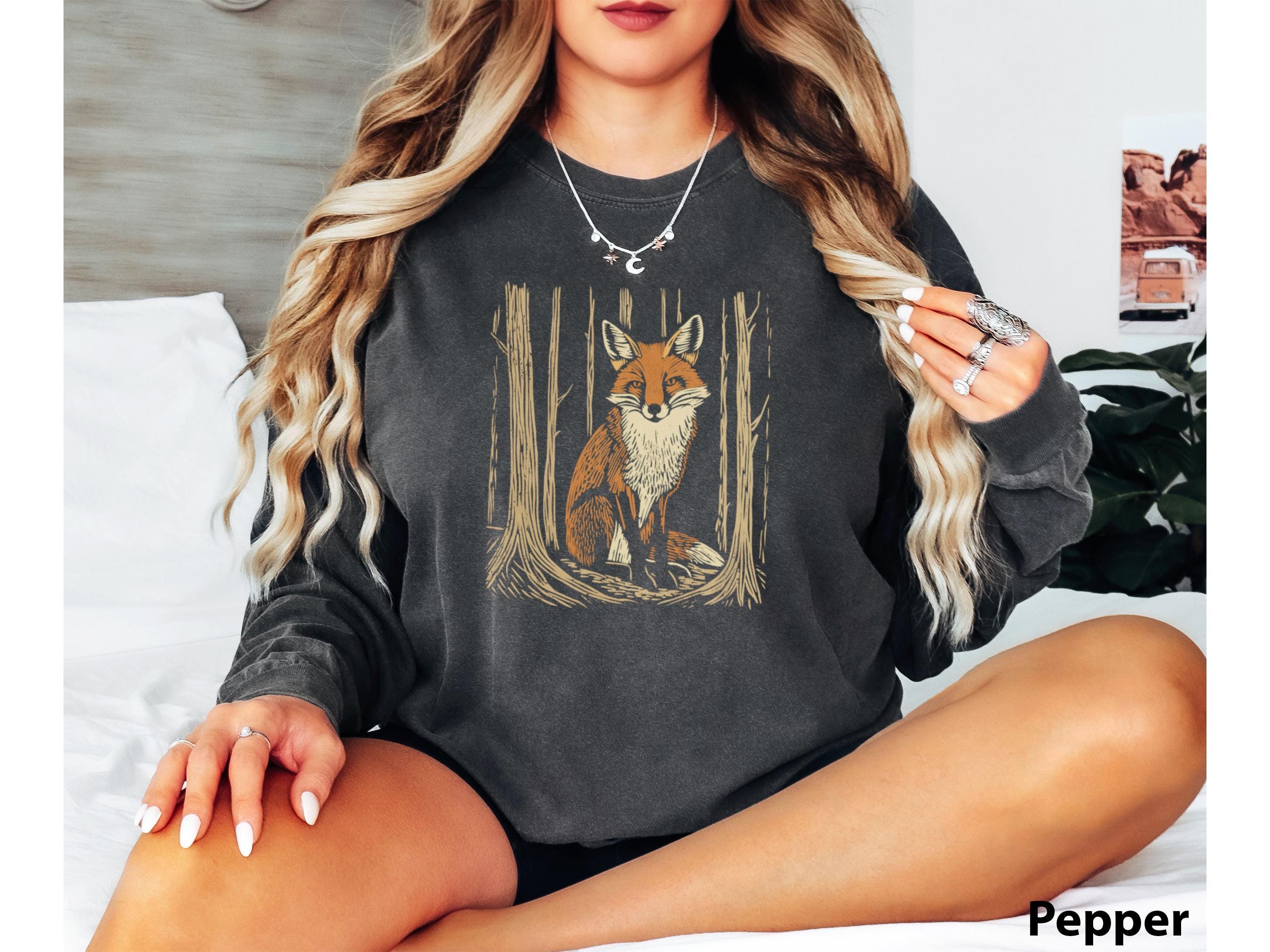 Cottagecore Fox Forest, Linocut, Camping Outdoors forestcore, Gift for Her Comfort Colors Unisex Garment-Dyed Long Sleeve T-Shirt, image size:2700x2025