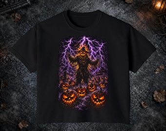 Flaming Pumpkin Scarecrow Shirt, Halloween Dark Goth Style, Purple Lightning, Spooky Comfort Colors Boxy Tee T-shirt and Tote Bag