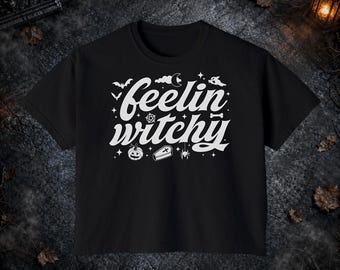 Feeling Witchy Shirt, Halloween Spooky Witch Retro, Dark Academia Magical Pumpkin Bats Comfort Colors Boxy Tee T-shirt and Tote Bag