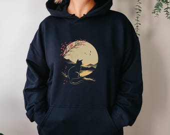 Japanese Cat Moon Art Shirt, Gift for Her, Cute Shirt Gift for Women, Japanese Art Shirt Cat Lover Unisex Hoodie Hooded Sweatshirt