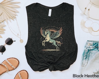 Camiseta de tirantes holgada de Pegaso Mágico para mujer, ideal para verano, fitness, festivales, amantes de los unicornios y como regalo de cumpleaños.