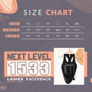 K&ouml;nnte beinhalten: Gr&ouml;&szlig;entabelle f&uuml;r ein Damen-Rennr&uuml;cken-Tanktop, mit Ma&szlig;en in cm. Die Tabelle umfasst die Gr&ouml;&szlig;en XS bis 2XL, mit L&auml;ngen von 68,6 cm bis 74,9 cm und Breiten von 35,6 cm bis 48,3 cm. Ein schwarzes Tanktop wird auf einem Kleiderb&uuml;gel gezeigt.