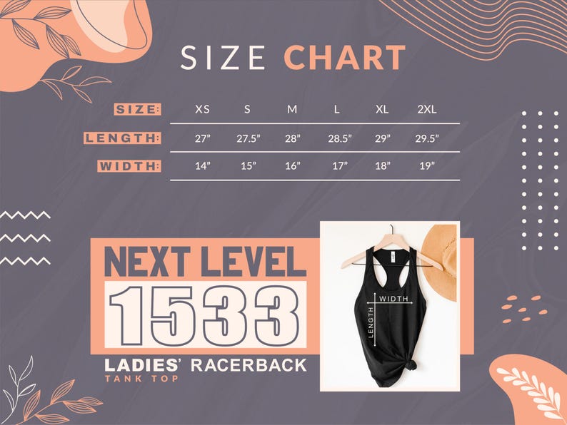 K&ouml;nnte beinhalten: Gr&ouml;&szlig;entabelle f&uuml;r ein Damen-Rennr&uuml;cken-Tanktop, mit Ma&szlig;en in cm. Die Tabelle umfasst die Gr&ouml;&szlig;en XS bis 2XL, mit L&auml;ngen von 68,6 cm bis 74,9 cm und Breiten von 35,6 cm bis 48,3 cm. Ein schwarzes Tanktop wird auf einem Kleiderb&uuml;gel gezeigt.