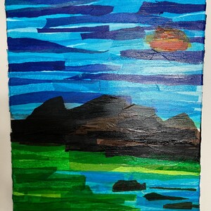 Mixed Media Collage rich in blue and green hues.