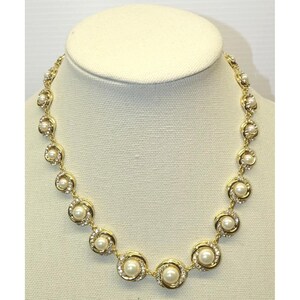 Vintage-Style Gold Tone Necklace With Faux Pearl & Rhinestone Accents