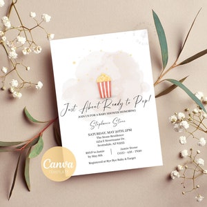 Baby Shower Invitation Template | Gender Neutral Baby | Just About Ready To Pop! | Popcorn Themed Party | Digital & Printable Invite | Canva