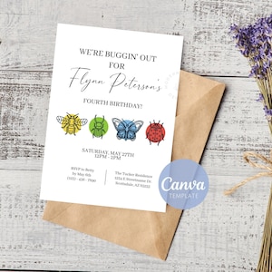 May include: A white invitation card with a bug theme for a child's fourth birthday party. The card features a bee, a beetle, a butterfly, and a ladybug. The text on the card reads "We're Buggin' Out for Flynn Peterson's Fourth Birthday!"  The invitation includes the date, time, RSVP information, and the location of the party.