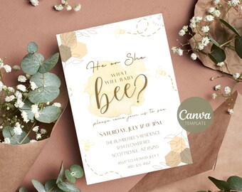 Gender Reveal Invitation Template | He or She, What Will Baby Bee? | Printable | Canva