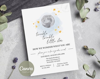 Gender Reveal Invitation Template | Twinkle Twinkle Little Star How We Wonder What You Are | Digital & Printable Invite | Canva