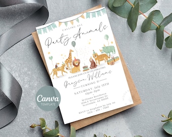 Child's Birthday Invitation Template | Party Animal Invite | Jungle Themed Party | Digital & Printable Invite | Canva