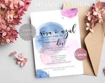 Spanish Twin Gender Reveal Invitation Template | Watercolor | Pink or Blue, Either Will Do! | Printable | Canva
